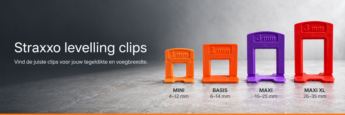 Straxxo levelling clips: Mini 4–12 mm, Basis 6–14 mm, Maxi 15–25 mm en Maxi XL 26–35 mm.